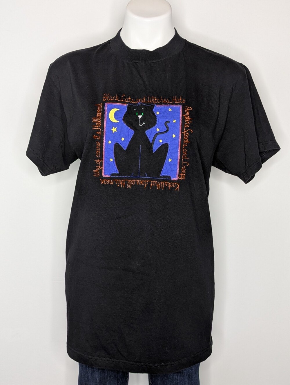 Tultex Base Black Cat Stitched Applique Halloween Short Sleeve T-shirt M